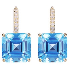 Art Deco Asscher-cut 12.62Ct Blue Topaz Diamond Earrings in 14 Karat Gold