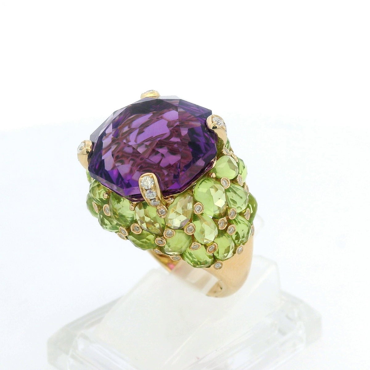 Anillo Art Decó 18,68 quilates amatista peridoto diamante en oro amarillo de 14 quilates Corte redondo en venta