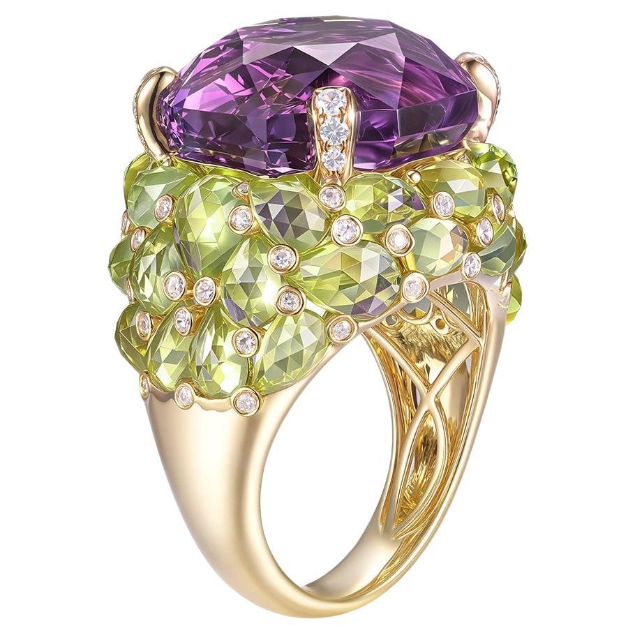 Anillo Art Decó 18,68 quilates amatista peridoto diamante en oro amarillo de 14 quilates en venta