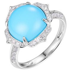 Anillo vintage de diamantes turquesa de la Bella Durmiente de 6,41 quilates en oro blanco macizo de 14 quilates