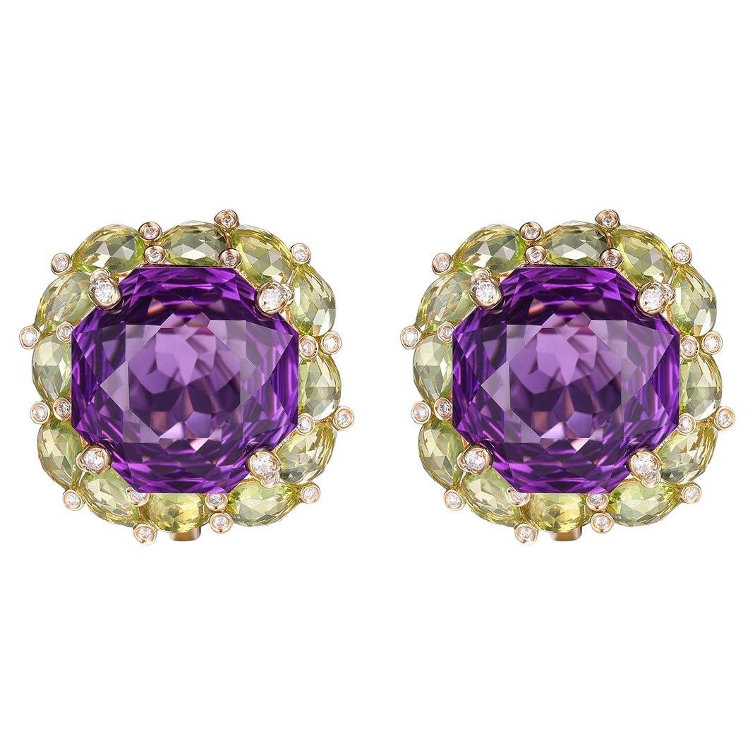 Art Deco 25.81Ct Amethyst Peridot Diamond Earrings in 14 Karat Yellow Gold