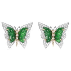 Vintage 4.63ct Butterfly Jade and Diamond Stud Earring in 18K Gold PT950