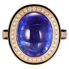 9.88 Carat Tanzanite Diamond Enamel Ring in 18 Karat Yellow Gold