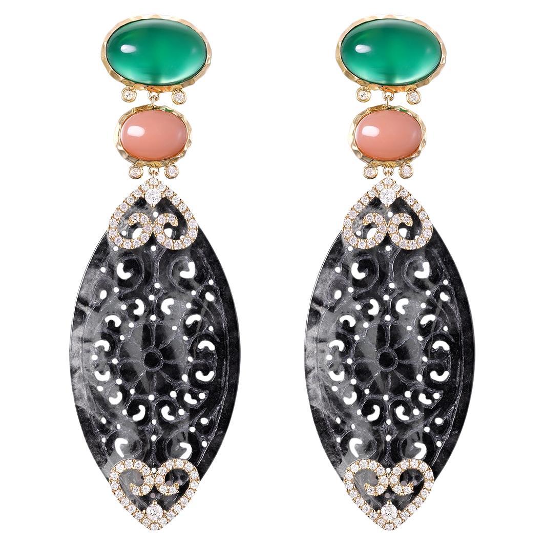 Boucles d'oreilles vintage Agate Jade Diamant en or jaune 14 carats