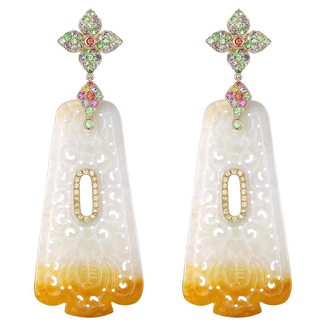 14K Yellow Gold Carved Jade Drop Earrings with Fancy Sapphires & Garnet Accents For Sale