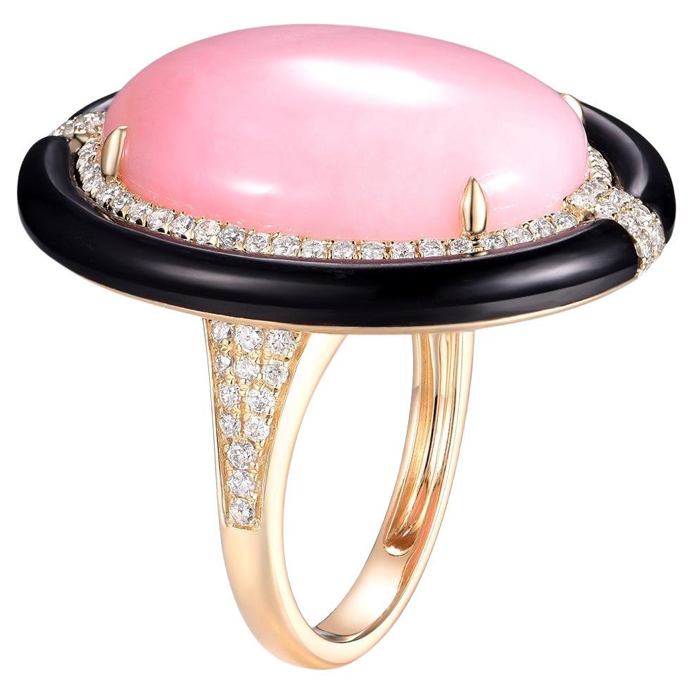 Anello Vintage Pink Opal Onyx Diamond in oro massiccio 14 carati in vendita