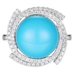 Art Deco 12mm Sleeping Beauty Turquoise Diamond Ring in 14K White Gold