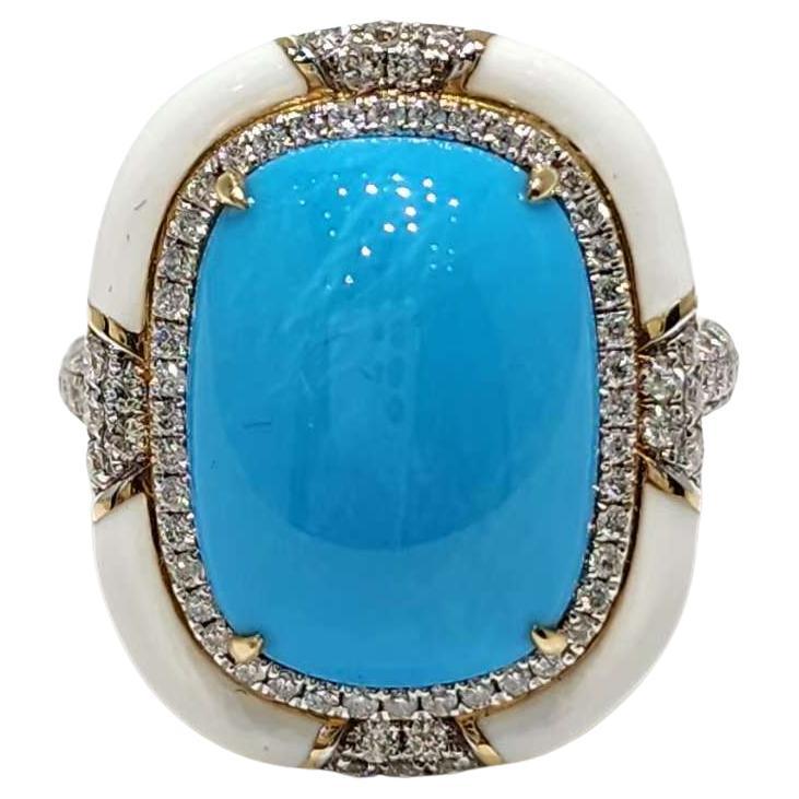 Art déco Bague de style Art Déco en or jaune 14K avec turquoise, émail et diamant 12x16mm en vente