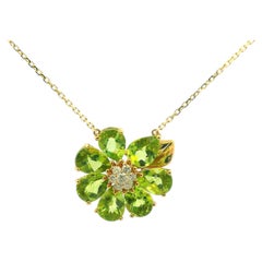 14K Yellow Gold Peridot and Diamond Floral Pendant Necklace