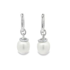14K White Gold South Sea Pearl and Diamond Dangle Earrings