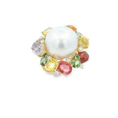 14K Yellow Gold South Sea Pearl & Sapphire Cocktail Ring, 15.8mm