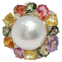 14K Yellow Gold South Sea Pearl, Fancy Sapphire, and Diamond Statement Ring