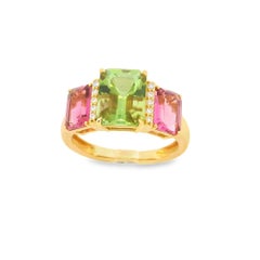 3.11 Carat Green Tourmaline and Pink Tourmaline Three-Stone Ring with 18K Gold