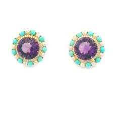 17.01 Ct Amethyst, Turquoise, Pearl and 1.41 Carat Diamond Earrings in 14K Gold
