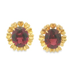 8.02 Carat Oval-Cut Garnet Sunflower Halo Stud Earrings in 14 Karat Yellow Gold