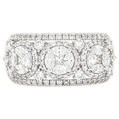 1.56 Carat Diamond Three-Cluster Halo Wide Statement Ring in 18 Karat White Gold