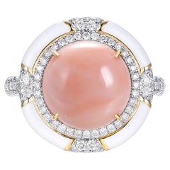 11.5mm Angel Skin Coral, Diamond and White Ceramic Cocktail Ring in 18Karat Gold