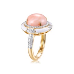 Art Deco 11.5mm Angel Skin Coral Diamond Cocktail Ring in 18K Gold