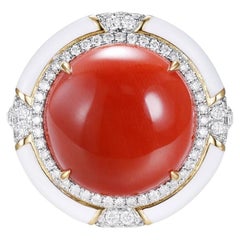14.5mm Aka Oxblood Coral and 0.60 Carat Diamond Halo Cocktail Ring in 18k Gold