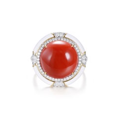 12.5mm Aka Oxblood Coral, Diamond and White Ceramic Cocktail Ring in 18K Gold