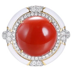 12.5mm Aka Oxblood Coral, Diamond and White Ceramic Cocktail Ring in 18K Gold