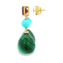 Boucles d'oreilles contemporaines en or jaune 14 carats, avec malachite, grenat et turquoise