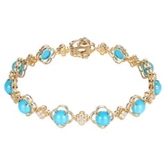Elegant 18K Gold Turquoise and 0.61ct Diamond Flower Link Station Bracelet