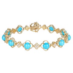 Elegant 18K Gold Turquoise and 0.61ct Diamond Flower Link Station Bracelet