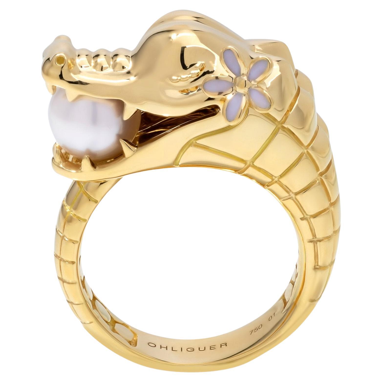 For Sale:  Croc Ring with Australian Akoya Pearl in 18ct Yellow Gold with yellow diamonds 4