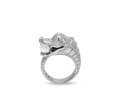 Croco Ring with Akoya Pearl in 18ct White Gold with enamel flower by Ohliguer