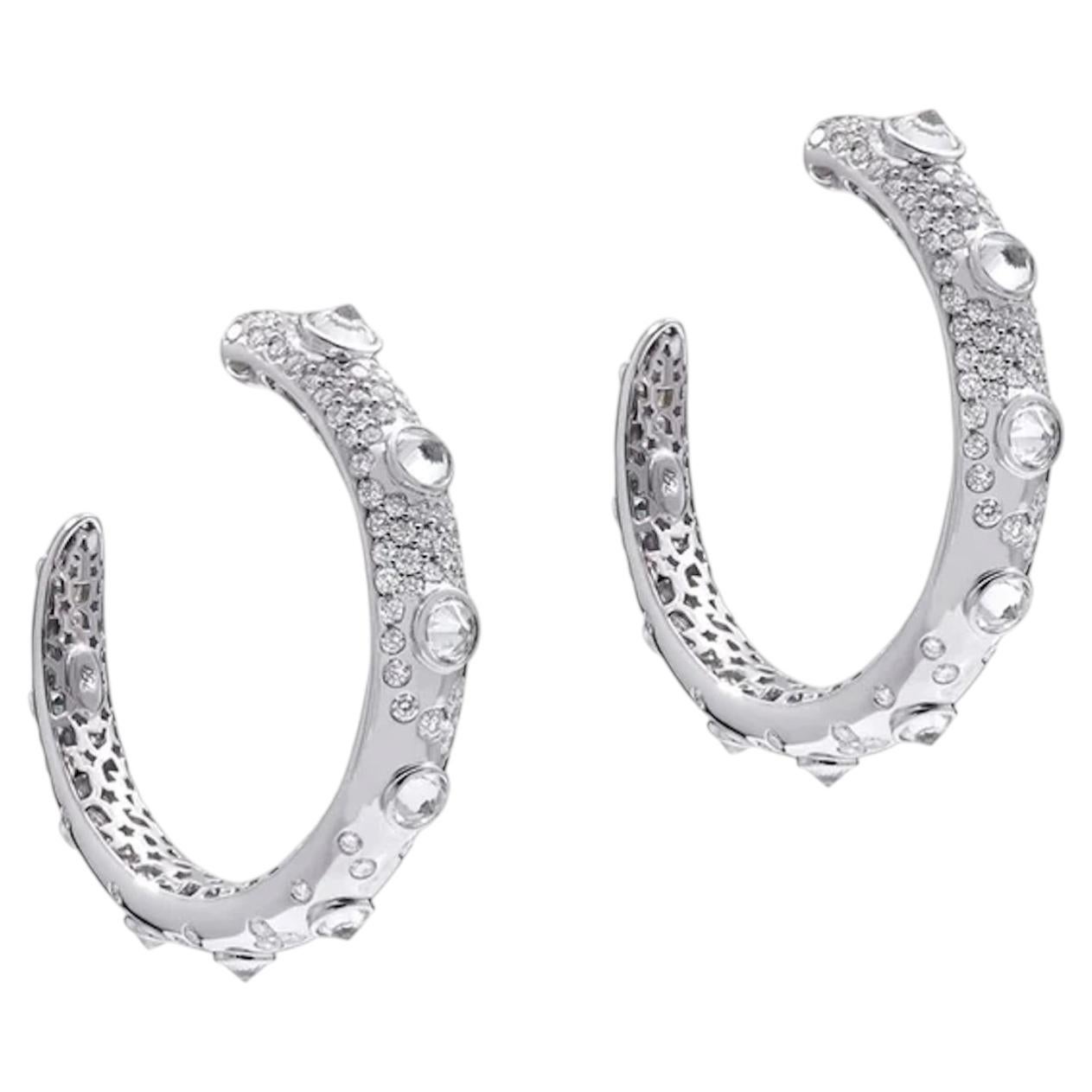 Albino Croc Platinum Reverse Set Diamond & Sapphire Hoop Earrings by Ohliguer For Sale