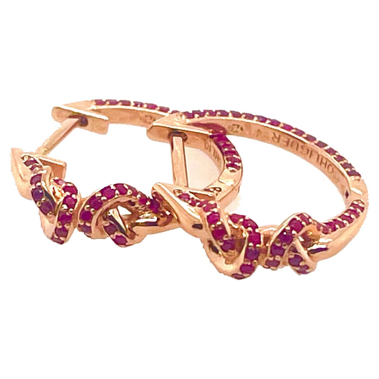 Double Knot Ruby set 18k Gold Huggies Hoop Earrings For Sale