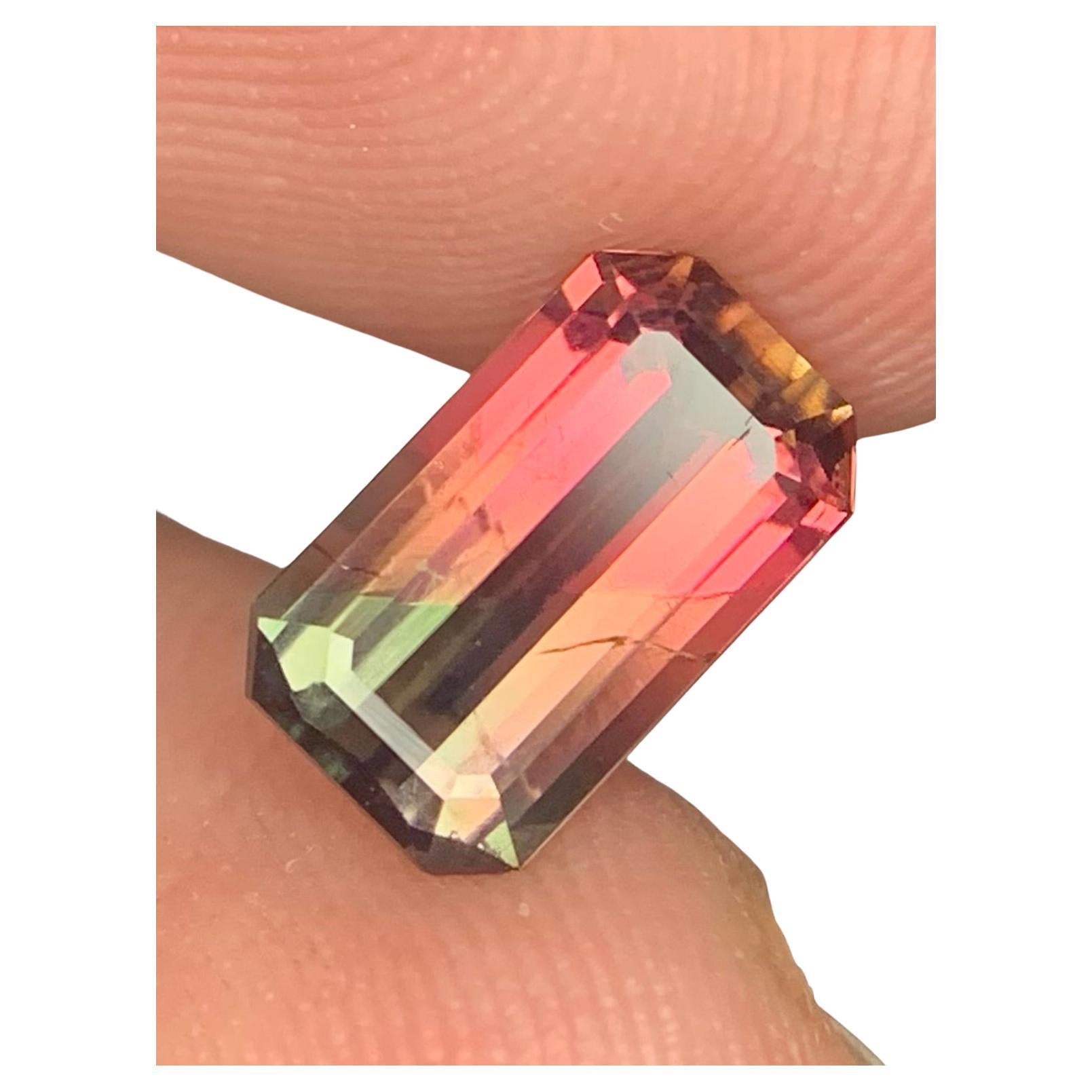 Natural Loose Bicolour Tourmaline 1.55 Carats Emerald Cut For Sale