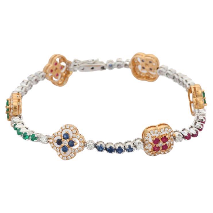 Einzigartiges Kleeblatt-Charm-Armband, 18 Karat Gelbgold Diamant Rubin Saphir Smaragd