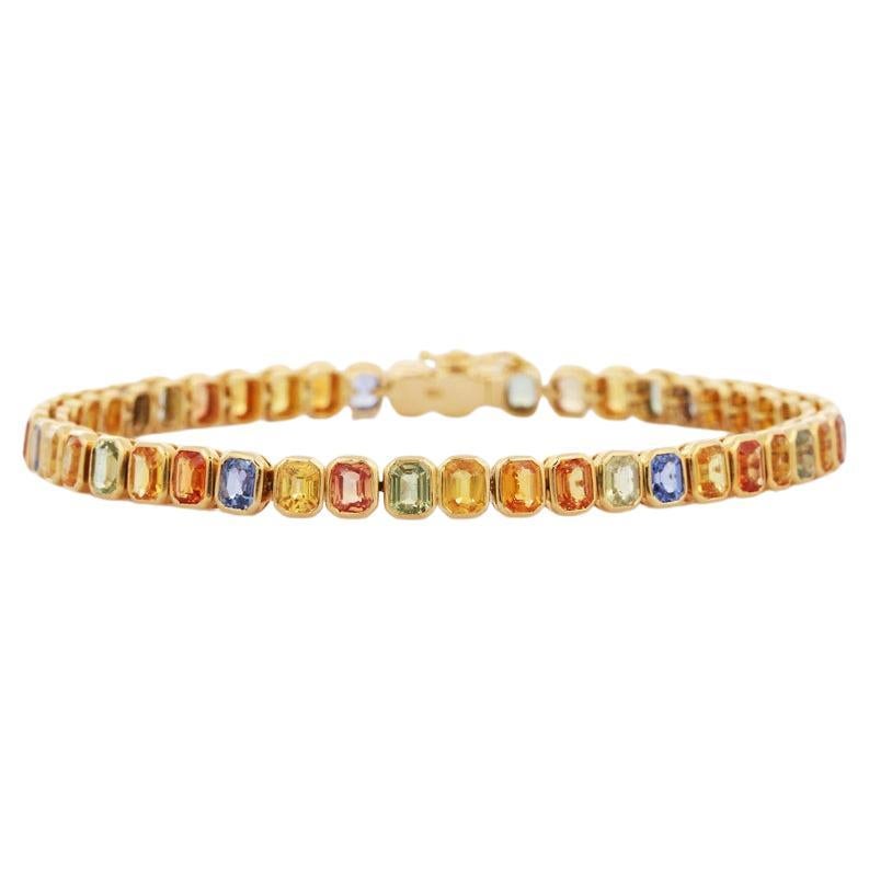 Handcrafted 18kt Solid Yellow Gold 10.85 Ct Multi-Sapphire Tennis Bracelet For Sale