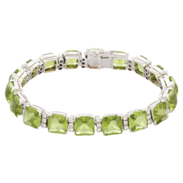 Statement 58.5 Carat Peridot Bracelet with Diamonds in 18k Solid White Gold For Sale