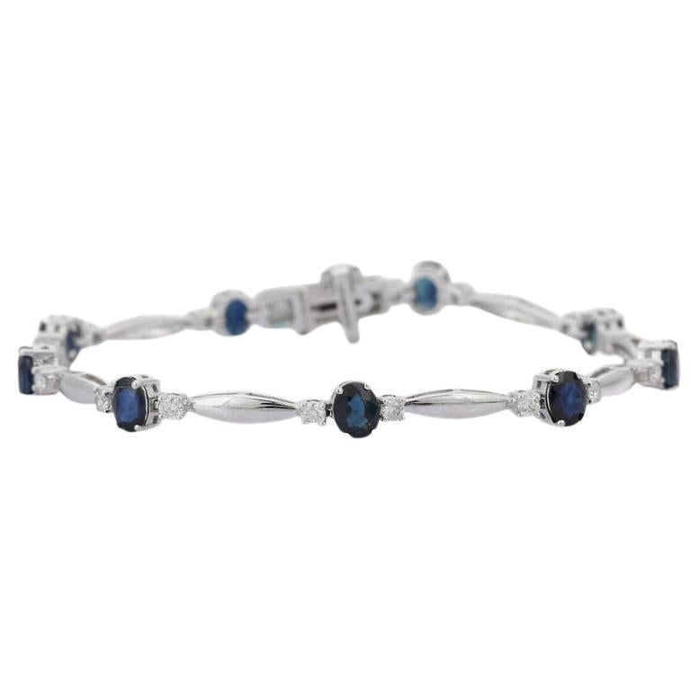  Natural Diamond and Blue Sapphire Tennis Bracelet in 18kt Solid White Gold
