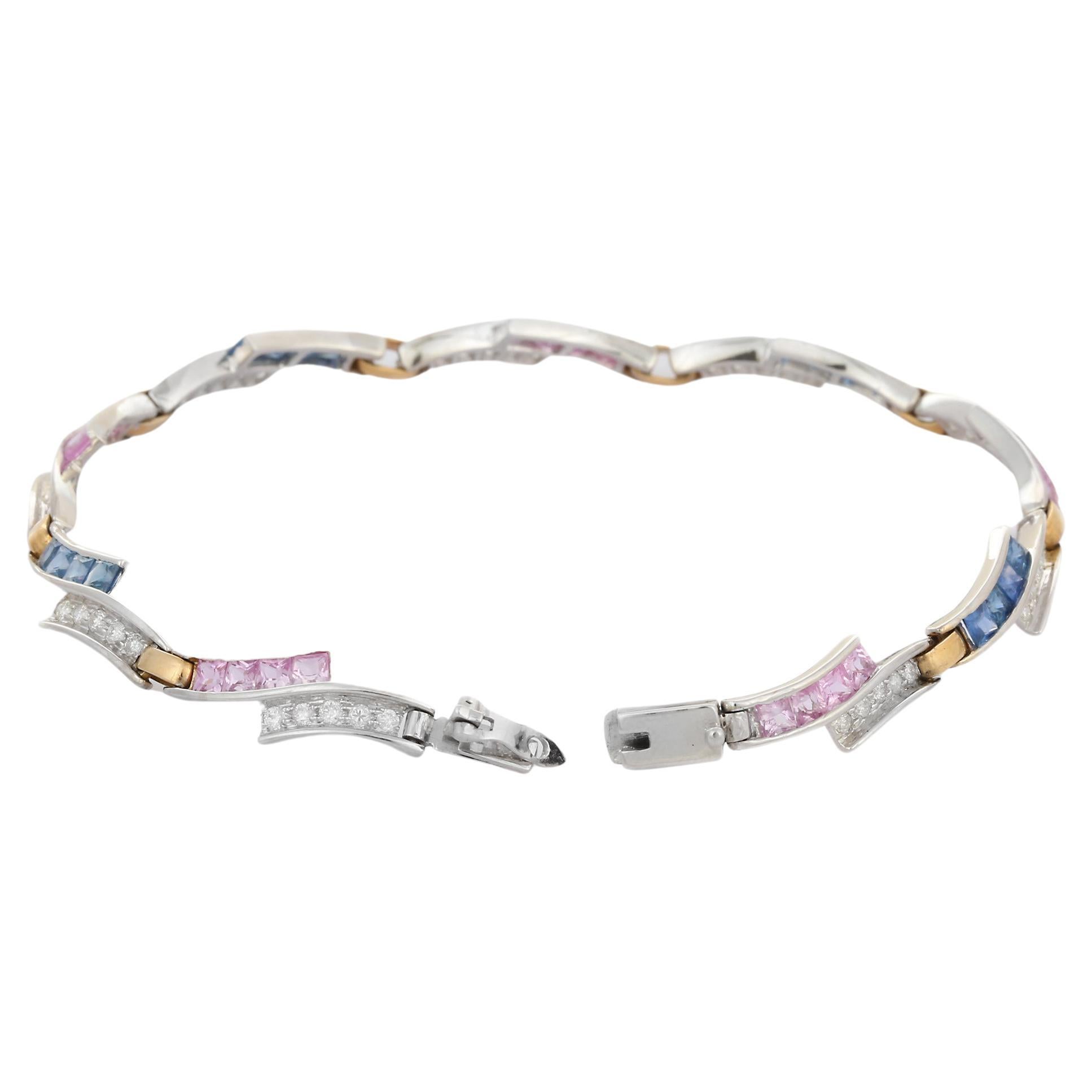 The wearing of charms may have begun as a form of amulet or talisman to ward off evil spirits or bad luck.
This multi sapphire bracelet has a square cut gemstone and diamonds in 18K Gold. A perfect piece of jewelry to adorn your jewelry