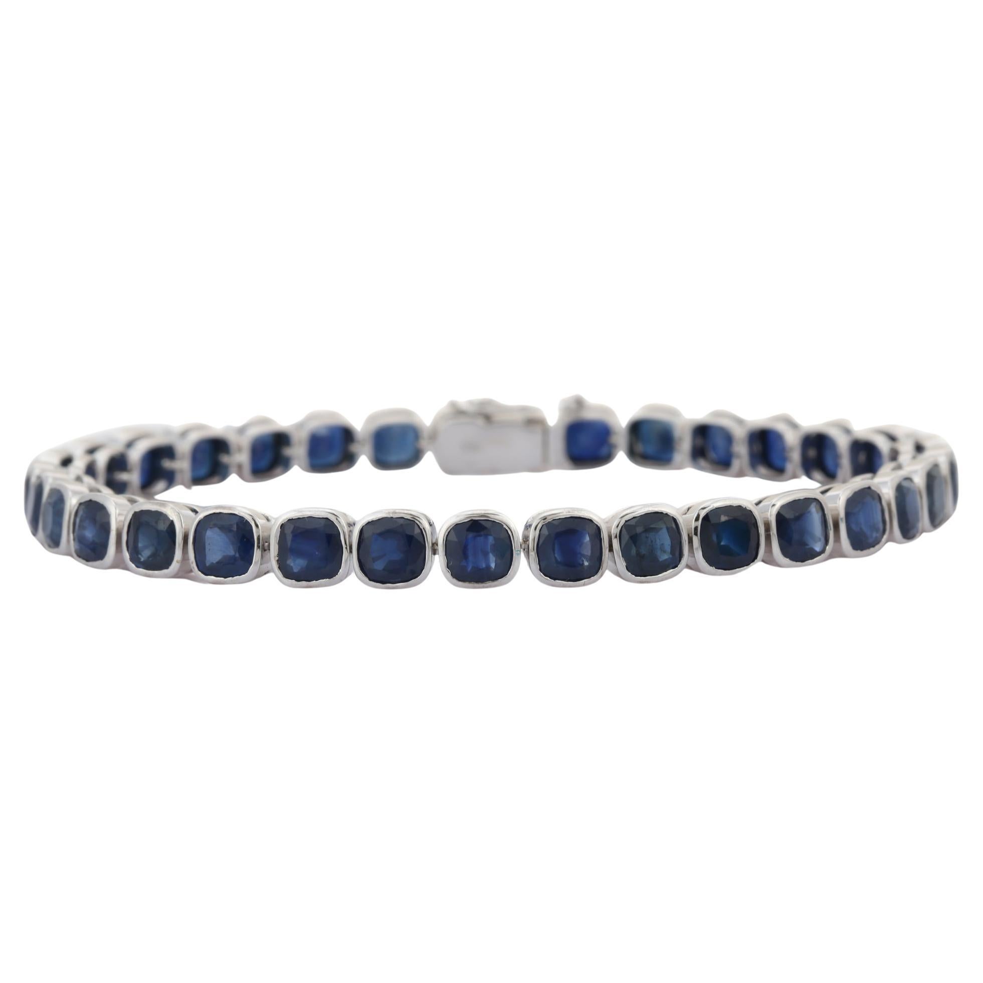 18 Karat White Gold Cushion Blue Sapphire Tennis Bracelet