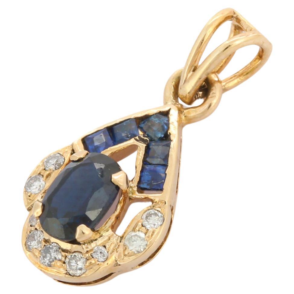 Pendentif de style Art déco en or jaune 14 carats avec saphir bleu et diamants
