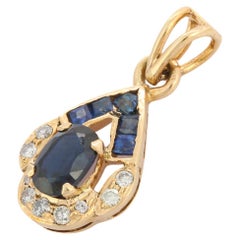 14K Yellow Gold Art Deco Style Blue Sapphire and Diamonds Pendant