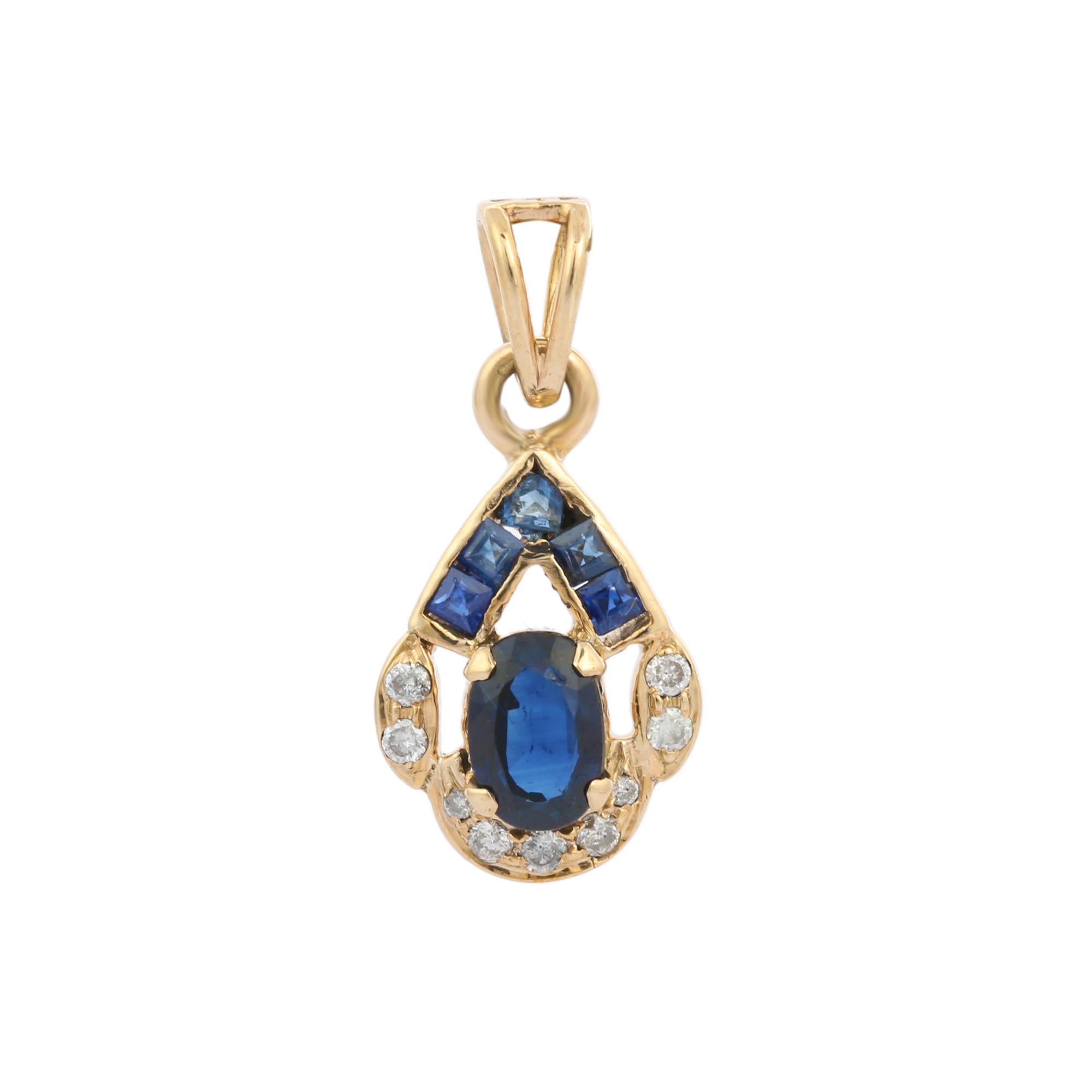 Natural Blue Sapphire Art Deco Style pendant in 14K Gold. It has oval and square cut sapphires with studded diamond that completes your look with a decent touch. Pendants are used to wear or gifted to represent love and promises. It's an attractive