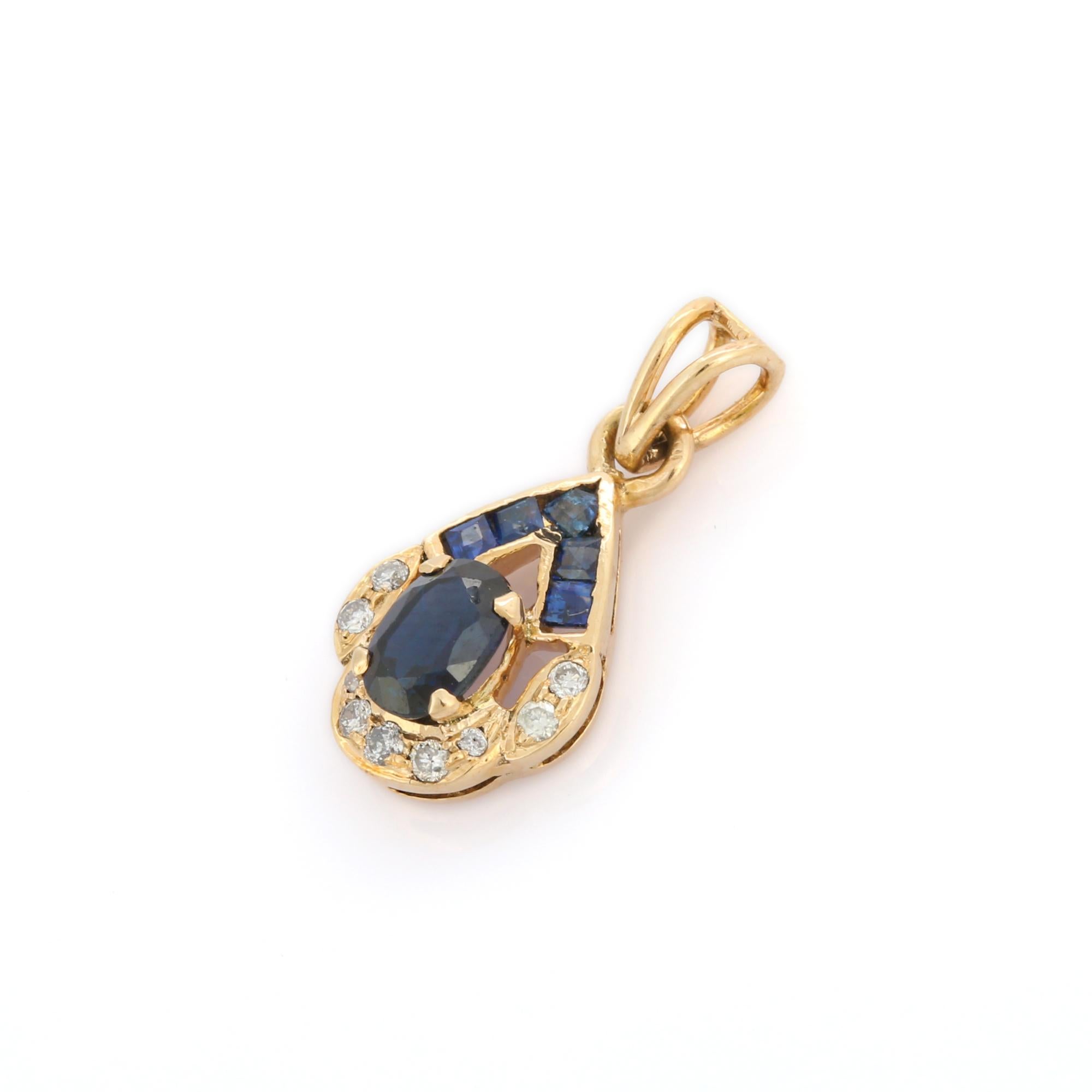 Women's 14K Yellow Gold Art Deco Style Blue Sapphire and Diamonds Pendant For Sale