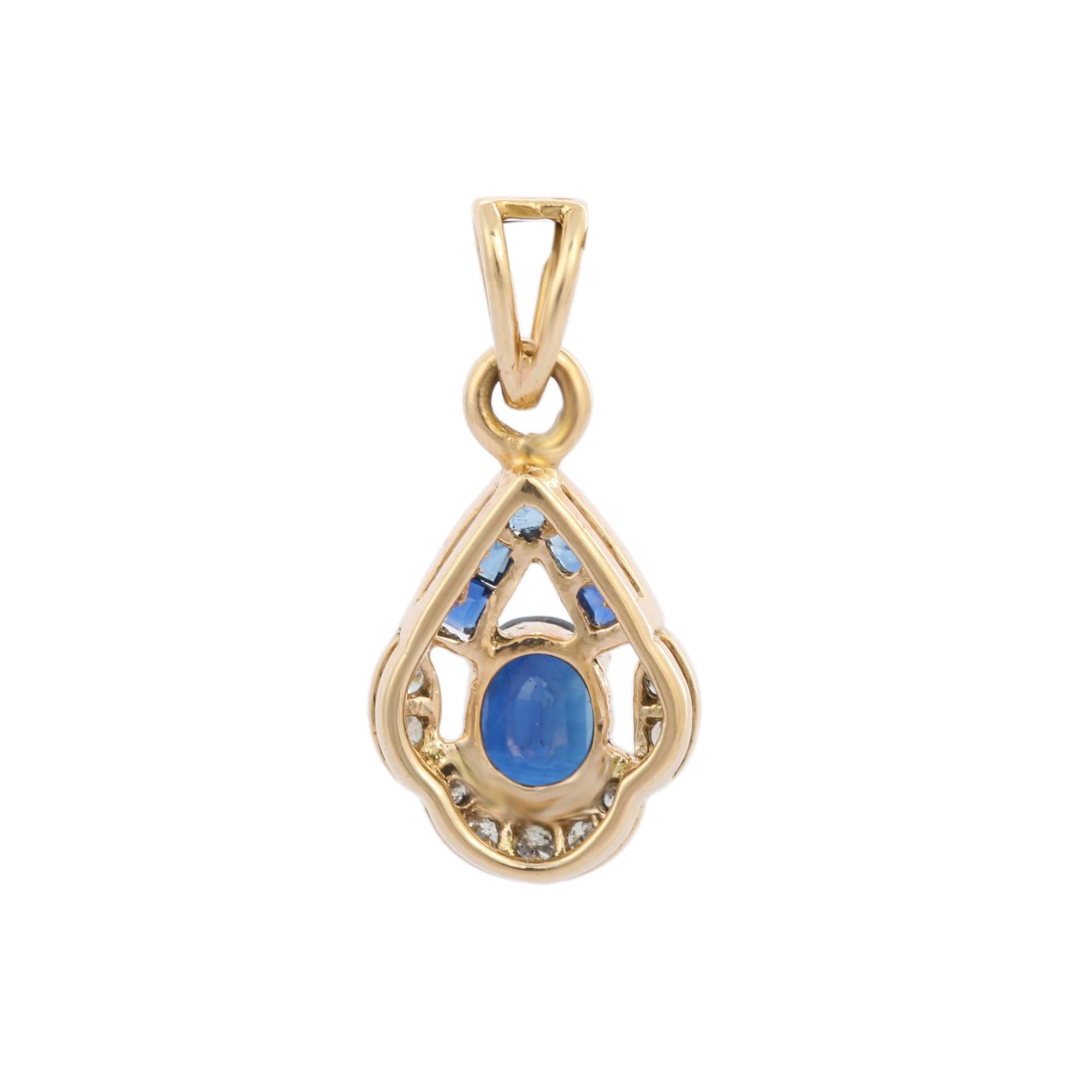 Oval Cut 14K Yellow Gold Art Deco Style Blue Sapphire and Diamonds Pendant For Sale