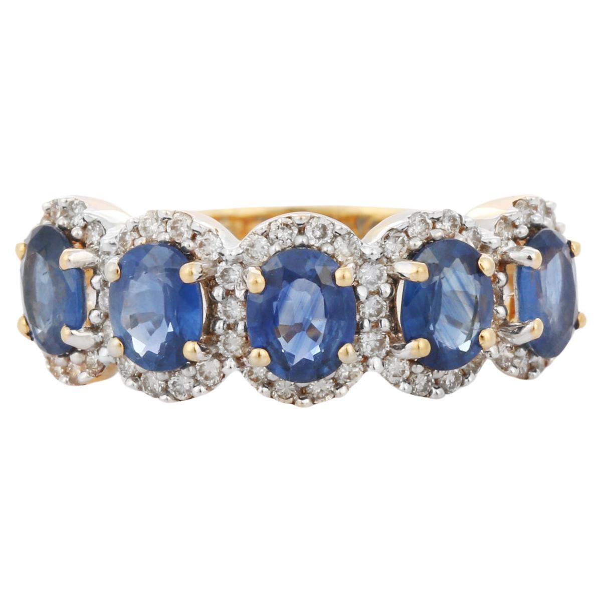 For Sale:  18K Yellow Gold Half Engagement Band with Sapphires Amidst in Diamonds