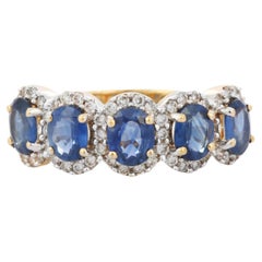 18K Yellow Gold Half Engagement Band with Sapphires Amidst in Diamonds