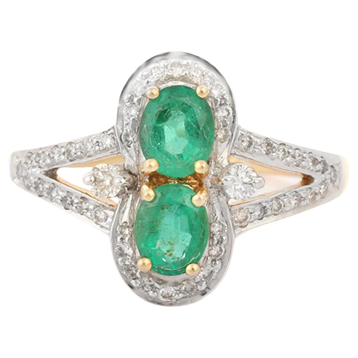 Magnificent Two Emerald Wedding Ring with Halo Diamonds in 18K Yellow Gold 
