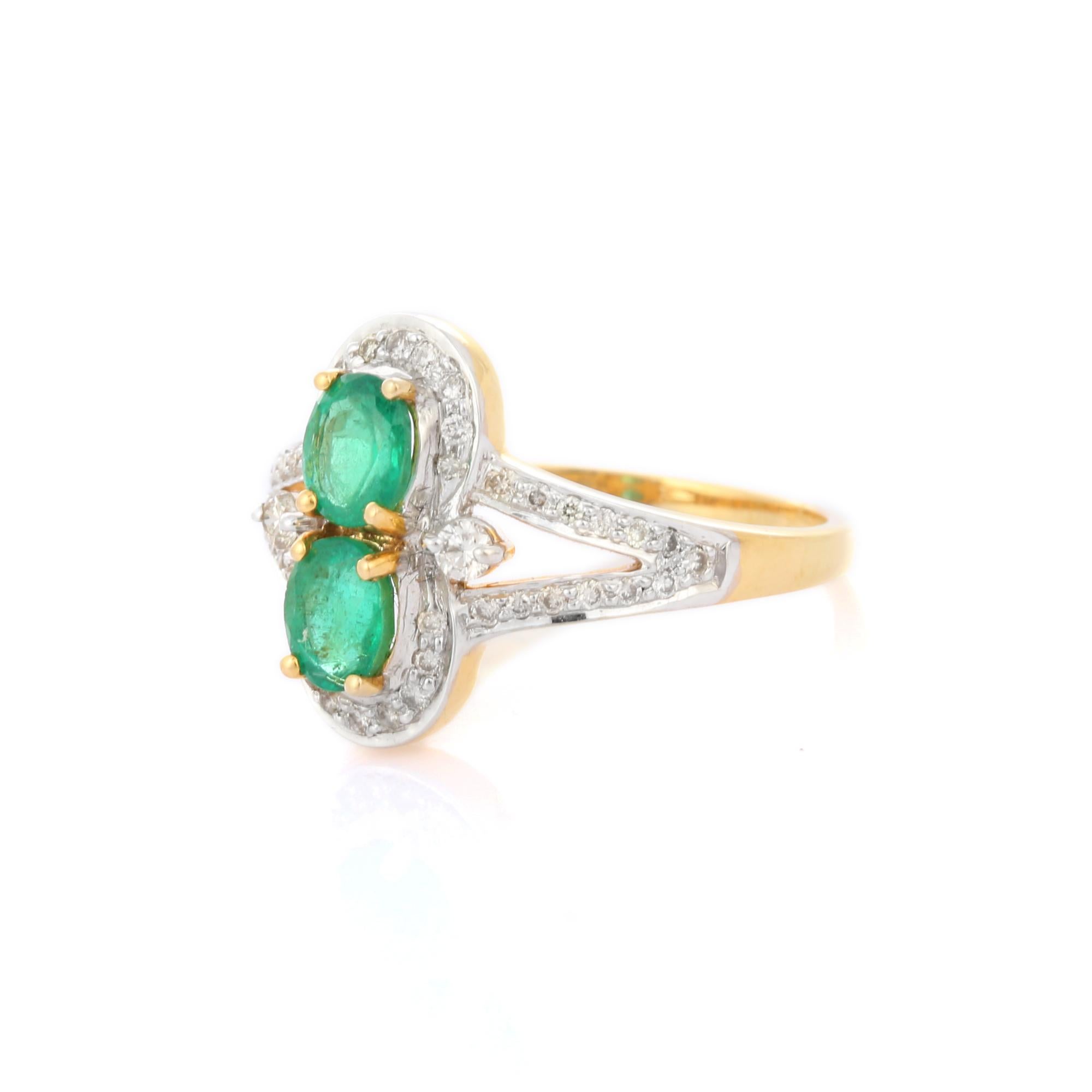For Sale:  Magnificent Two Emerald Wedding Ring with Halo Diamonds in 18K Yellow Gold  2