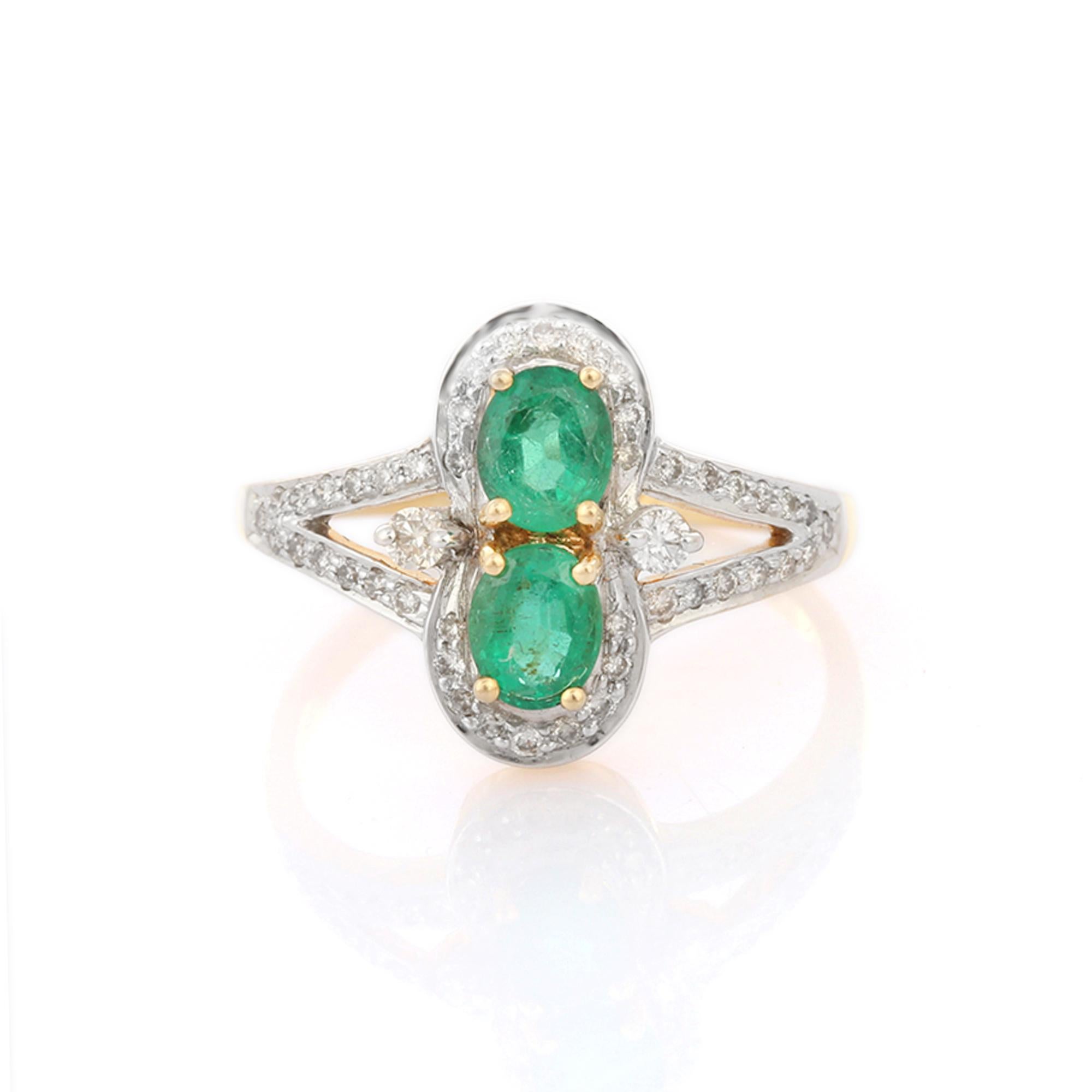 For Sale:  Magnificent Two Emerald Wedding Ring with Halo Diamonds in 18K Yellow Gold  5