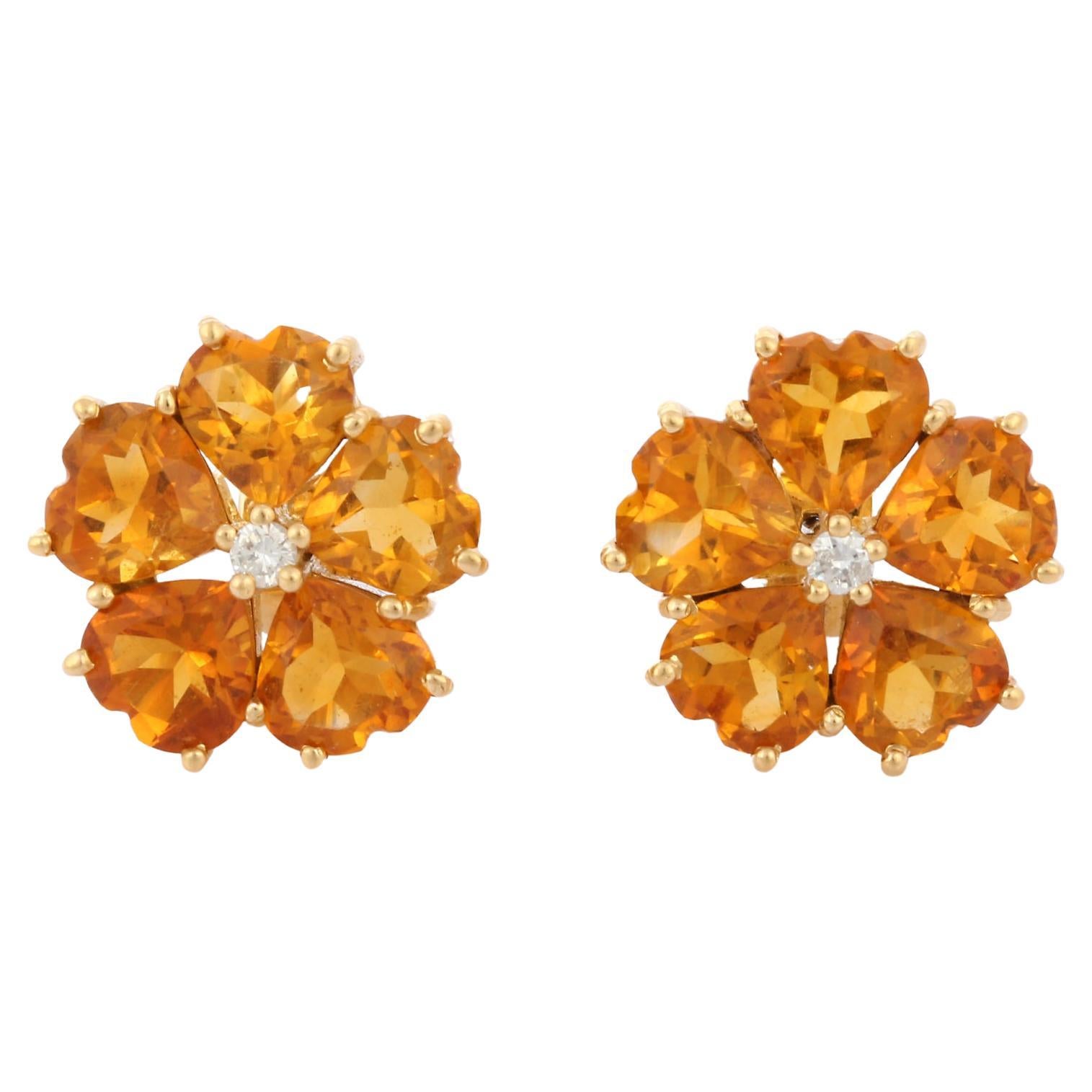 Herzschliff 6,5 Karat Citrin-Ohrstecker mit Blumenmuster und Diamanten aus 18 Karat Gelbgold